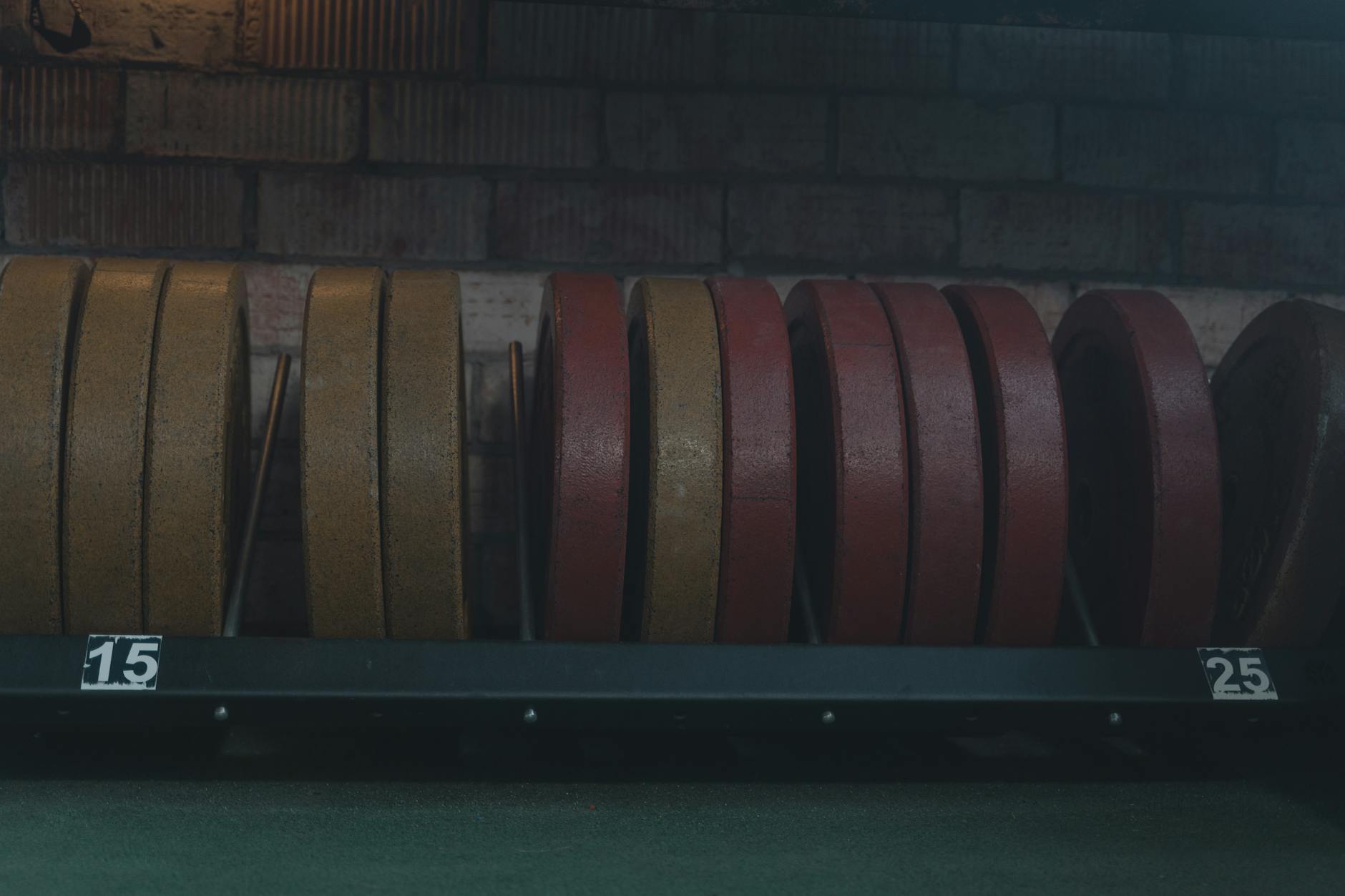 Talerze obciążeń na stojaku w siłowni podczas treningu siłowego