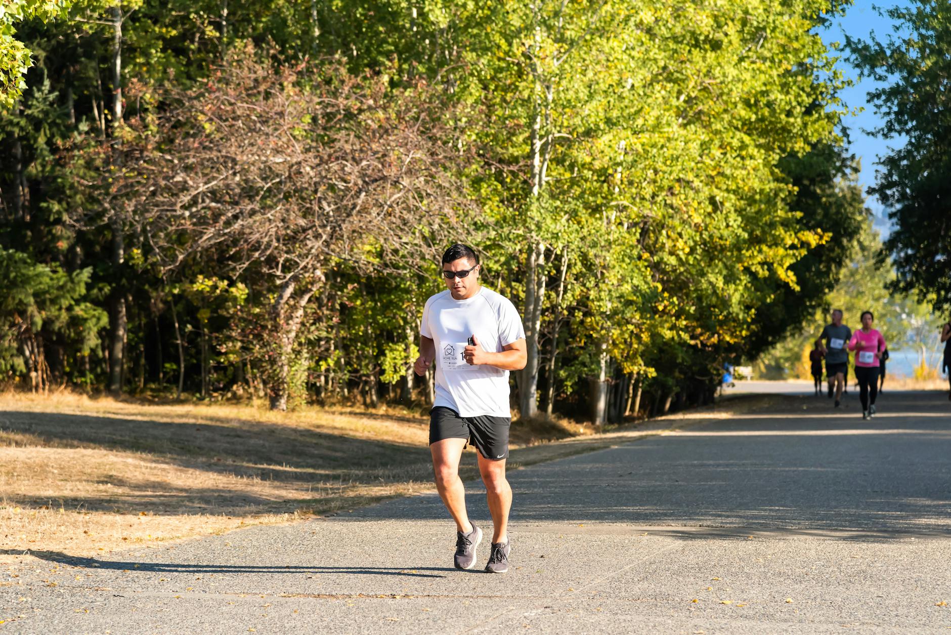 Biegacze maratonu na słonecznej, zacienionej drzewami szosie
